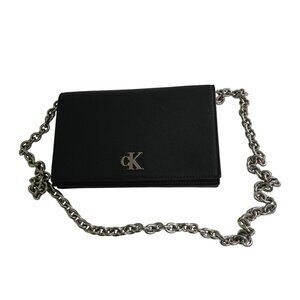 Calvin Klein Minimal Monogram Chain Strap Wallet Black Silver Chain Designer